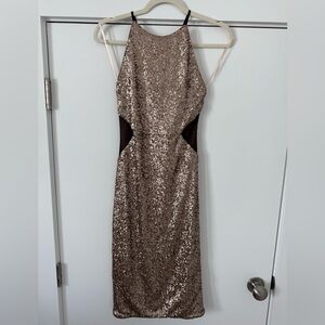 Boutique gold sequin dress with black mesh cut out size medium